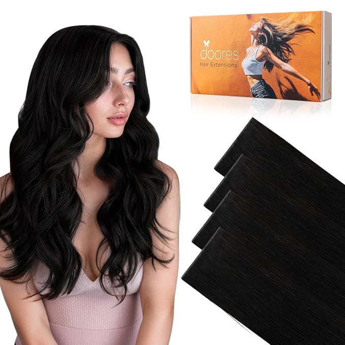 DOORES Invisi Edge Tape in Wide Hair Extensions Human Hair, Jet Black 4PCS Injection Tape ins 20g 22 Inch, Virgin Human 3 Inch Wide Injected Extensions Invisible