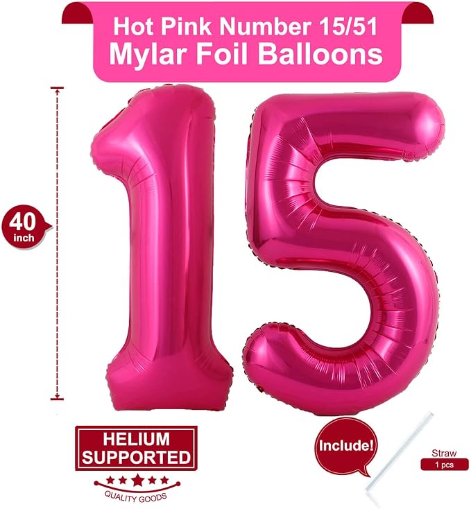 40 Inch Hot Pink 15 Number Balloons Giant Jumbo Huge 15 or 51 Foil Mylar Helium - Image 2