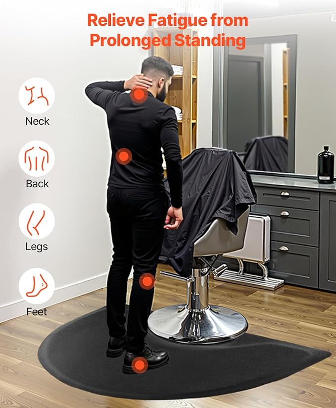 VEVOR Salon Mat for Hair Stylist, 3 x 4 FT Semi-Circle Salon Chair Mat, 1/2-inch Thickened Anti Fatigue Barber Shop Floor Mat with Round Cut Out, Easy-to-Clean PVC Surface & Anti-Trip Beveled Edges