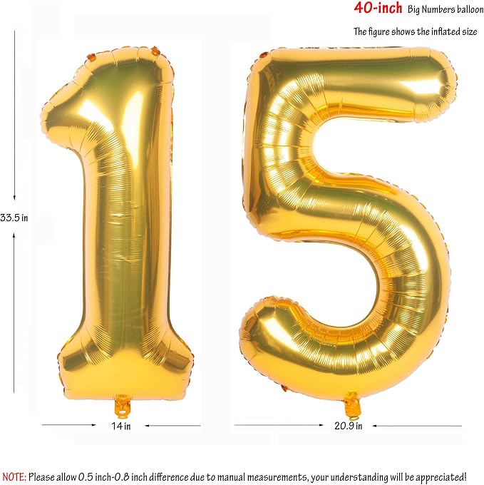 40 Inch gold Number Balloons 15 Helium Foil Mylar Balloon | Birthday Party - Image 2