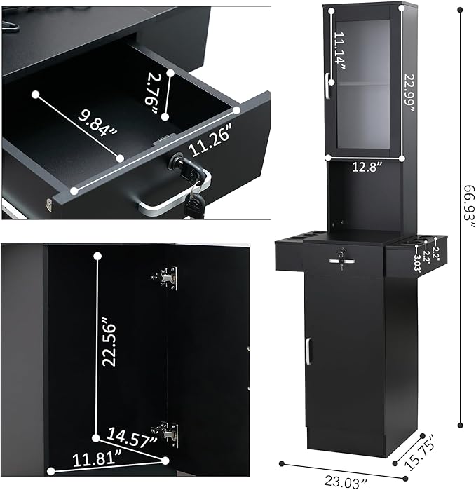 Salon Station for Hair Stylist,Hair Styling Organizer Equipment with Glass Door,6 Tool Dryer Holders, 2 Storage Cabinet ，Beauty Spa Barber Equipment, Black