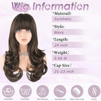Haloo Brown Auburn Wigs with Bangs Long Wavy Layered Haircut Natural Looking Fluffy Synthetic Heat Resistant Hair Wig for Women Daily Party, 24 Inch Brown Mixed Auburn