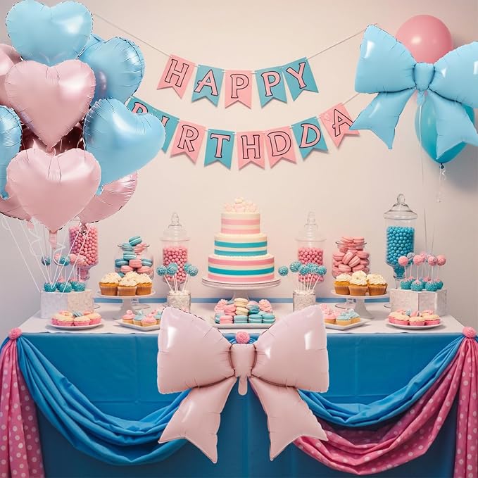 Vuzvuv Pink Blue Heart Balloons Pink Blue Bow Balloons Set, Anniversary - Image 4