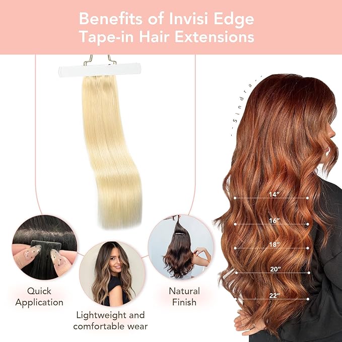 Sindra Invisi Edge Tape in Extensions Human Hair, Platinum Blonde Invisible Seamless Extensions Real Human Hair 20 Inch 55g 20pcs Injected Tape ins