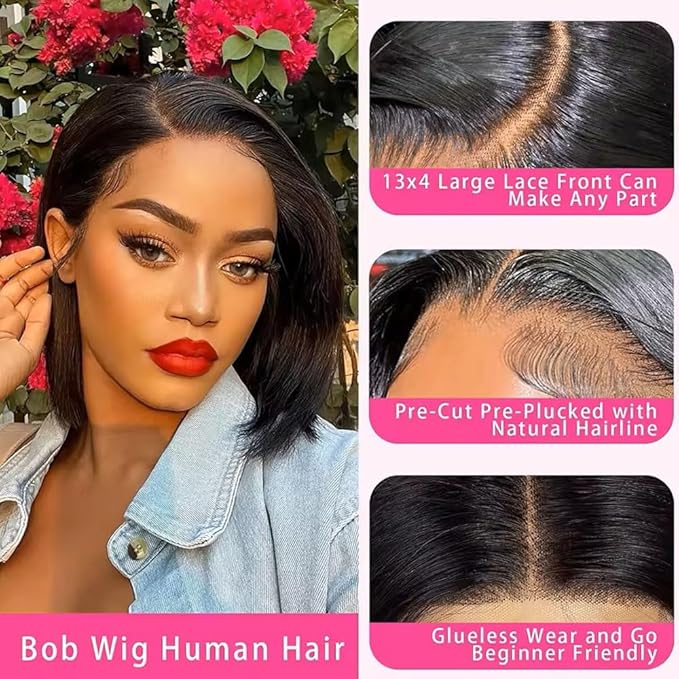 Bob Wig Human Hair 13X4 Lace Front Wigs Human hair Short Straight Frontal Bob Wig HD Transparent Lace Frontal wigs Pre Plucked for Women Glueless Wigs With Baby Hair Natural black10Inch-4