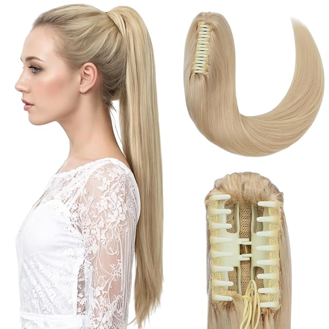Hairro Claw Clip Ponytail Human Hair Extensions Jaw On Ponytails Remy Long Straight Jaw/Claw Clips Pony Tail Hairpieces For Women 22 Inch 120g #613 Light Blonde