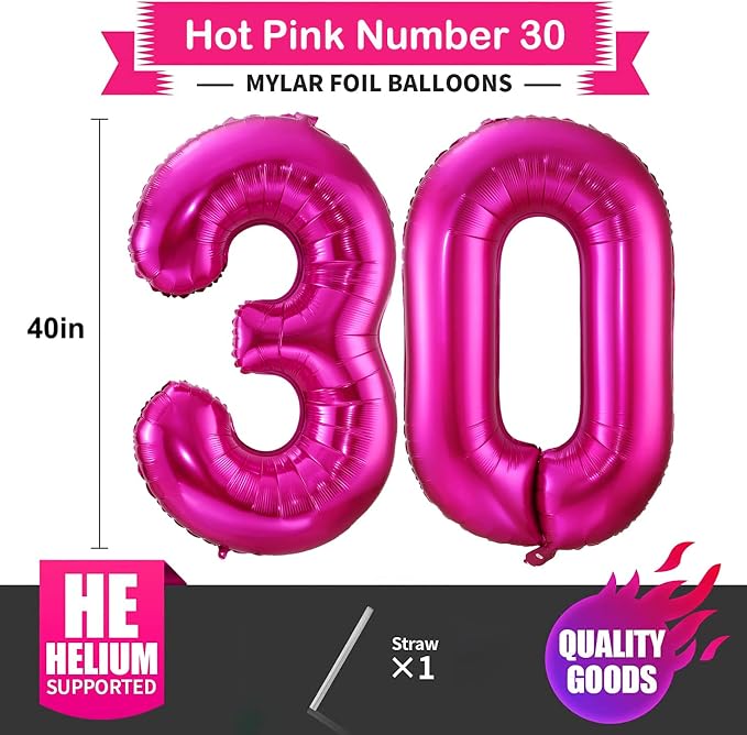 Hot Pink 30 Balloon Numbers, 40 Inch 30 Birthday Balloon Foil Mylar Number 30 - Image 2