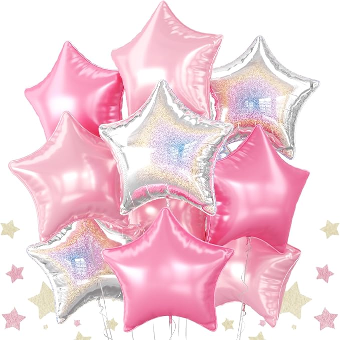 Pink and Silver Star Foil Balloons, 18 Inch Metallic Glitter Stars Balloons by BIAPIAN
