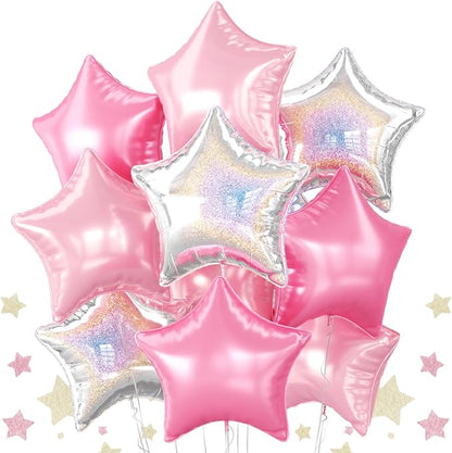 Pink and Silver Star Foil Balloons, 18 Inch Metallic Glitter Stars Balloons by BIAPIAN