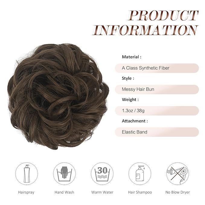 FESHFEN Messy Bun Hair Piece - Elastic Wavy Curly Hair Bun Scrunchies Extensions Synthetic Chignon Hairpieces for Women Girls, Medium Brown 1.5 oz
