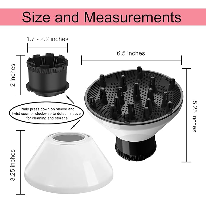 Universal Hair Diffuser Adaptable Hair Dryer Attachment for Blow Dryer Nozzles from 1.7 to 2.2 inch Diameter (White)