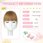 Clip in Bangs 100% Real Human Hair, French Bangs Hair Clip, Fake Bang Fringe with Temples Hairpieces for Women Daily Wear (Light Brown, French Bangs)
