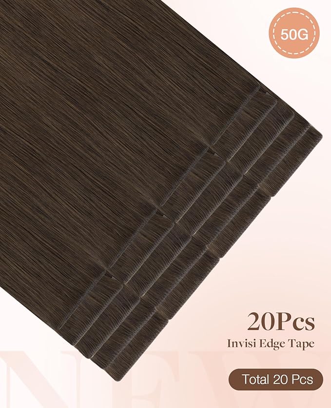 GOO GOO Invisi Edge Tape in Hair Extensions Human Hair, 2A Light Brown, 20pcs 16inch 50g, Virgin Remy Hair, Seamless Injected Tape, Natural Look