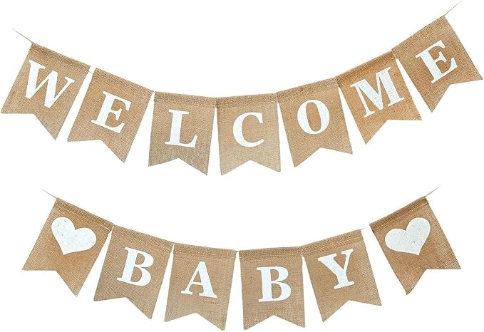 Baby Shower Banner, Welcome Baby Sign, Pre Strung Burlap Gender Reveal Banner by BIFSK