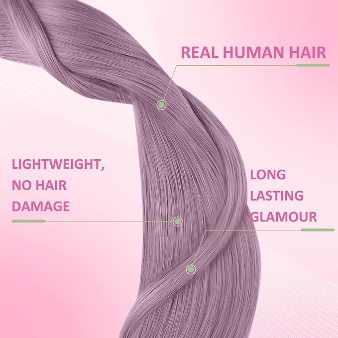 YoungSee Human Hair Tape in Extensions Purple Tape in Hair Extensions Lavender Real Hair Tape-in Extension Light Purple 12In Tape on Hair Extension for Party 20g 10pcs