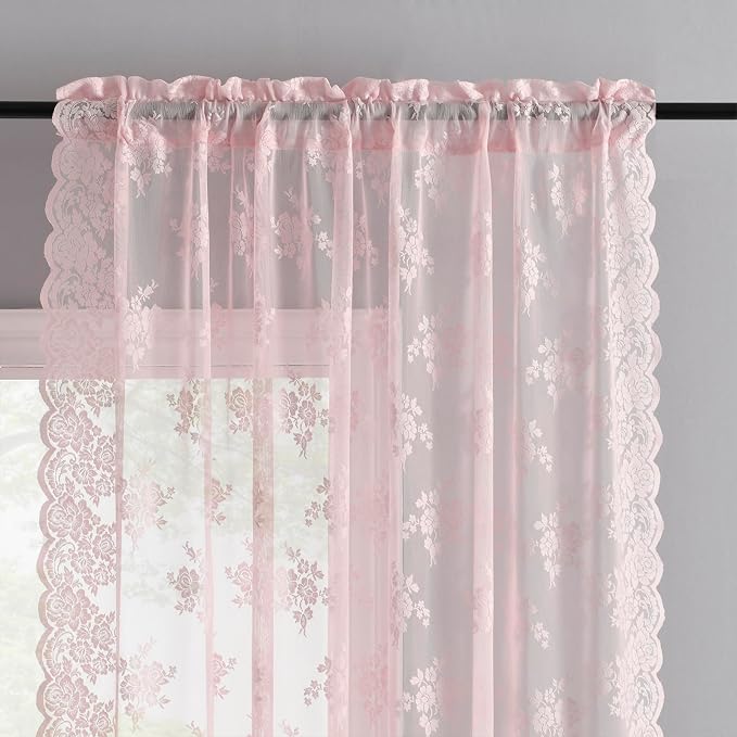 Kotile Vintage Pink Lace Curtains - Image 3