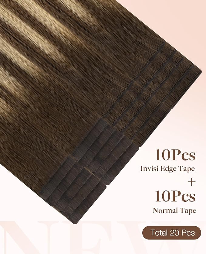 GOO GOO Invisi Edge Tape in Hair Extensions Human Hair, 4/18 Balayage Chocolate Brown Highlighted Dirty Blonde 10pcs injected with 10pcs classical tape ins, 18inch 50g, Virgin Remy Hair, Natural Look
