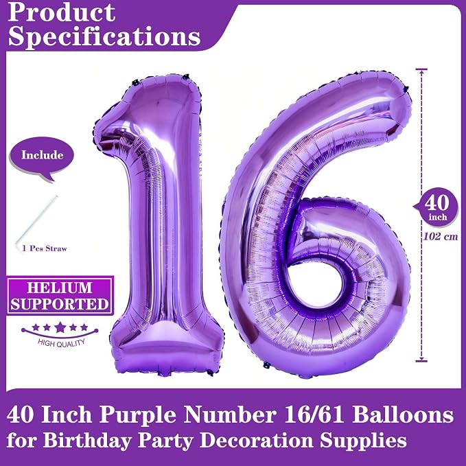 Purple 16 Number Balloons, 40 Inch Giant Number 16 Balloons Foil Mylar Helium - Image 2