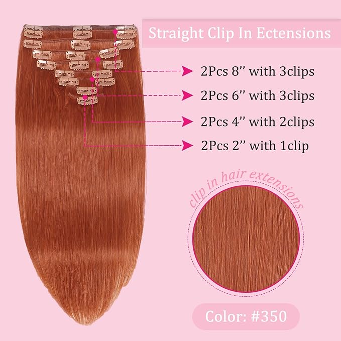 20inch Clip in Hair Extensions Real Human Hair, 120g 8pcs Double Weft with 18clips Clip on Hair Extensions Smooth Human Extensions for Women Brazilian Remy Human Hair (#350 Copper)