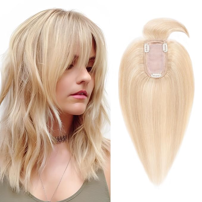 SEGO Hair Toppers for Women Real Human Hair with Thinning Hair, Toppers Hair Clip in Toppers with Front Bangs 150% Density Silk Base -14 Inch #18/613 Ash Blonde Mix Bleach Blonde