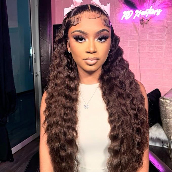 MEIMEI 250% Density HD Full Lace Front Wigs Human Hair Loose Deep Wave Chocolate Brown 15A Grade Real Full Large Lace Space Brown 13x4 Loose Wave Lace Frontal Wigs Human Hair Pre Plucked 24 Inch