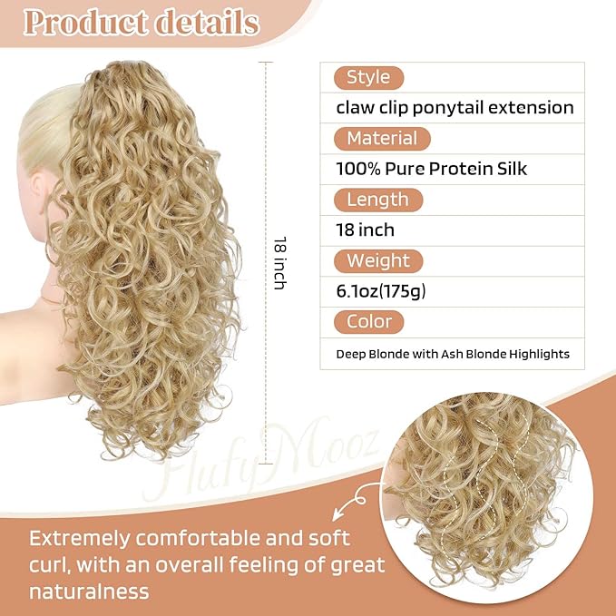 Flufymooz 100％ Pure Protein Ponytail Extension, 18 Inch Curly Claw Clip Ponytail Hair Extensions Natural Soft pony tail hairpiece for women-Deep Blonde with Ash Blonde Highlights