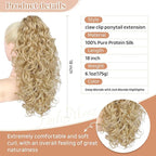 Flufymooz 100％ Pure Protein Ponytail Extension, 18 Inch Curly Claw Clip Ponytail Hair Extensions Natural Soft pony tail hairpiece for women-Deep Blonde with Ash Blonde Highlights