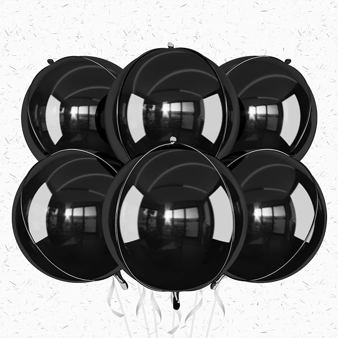 6Pcs Black Round Foil Balloons, Giant 4D Round Ball Balloons, 22 Inch Metallic by Adorely