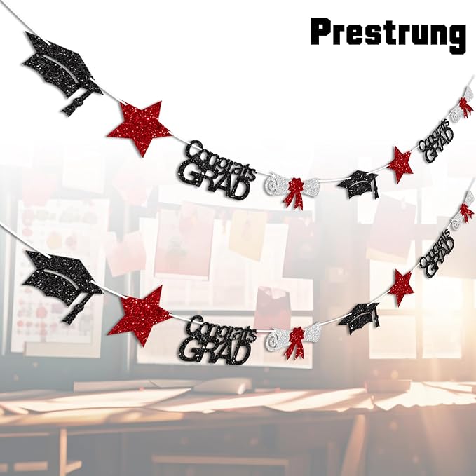 Black and Red Congrats Grad Banner Graduation Decorations Class of 2026 Glitter - Image 2