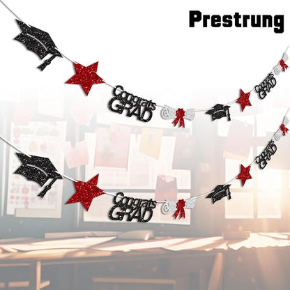 Black and Red Congrats Grad Banner Graduation Decorations Class of 2026 Glitter - Image 2