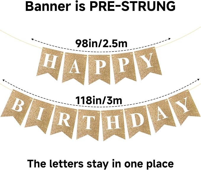 Pre-Strung Gold Happy Birthday Banner Glitter Birthday Party Banner NO DIY | - Image 3
