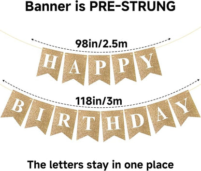 Pre-Strung Gold Happy Birthday Banner Glitter Birthday Party Banner NO DIY | - Image 3
