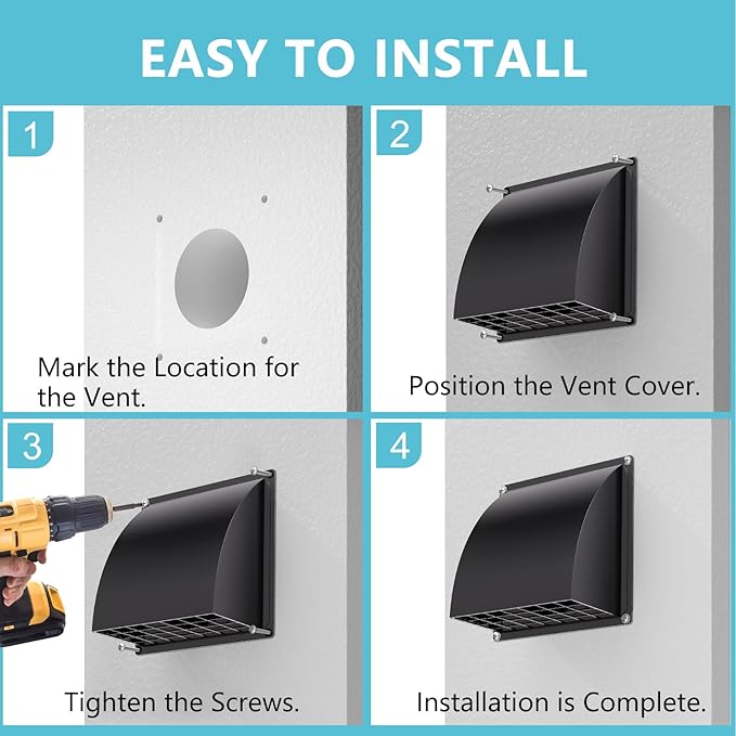 8 Inch Wall Vent Cover, HG Power Metal Exhaust Vent Cap Outside with Removable Screen & Cushioned Non-Return Flap for Home Wall, Kitchen(Blcak)