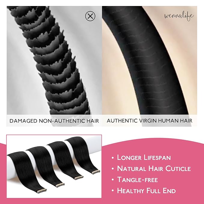 WENNALIFE Tape in Hair Extensions Human Hair Jet Black Tape in Extensions, 10pcs 30g 22 inch Remy Invisible Tape Ins Straight Colored Soft Real Human Hair Tape in Extensions Refill Set Extensions