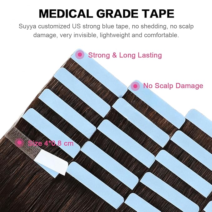 SUYYA Tape in Hair Extensions Human Hair 100% Remy Human Hair 20pcs 50g/pack Straight Seamless Skin Weft Glue in Hair Extensions(20Inch #2 Darkest Brown)