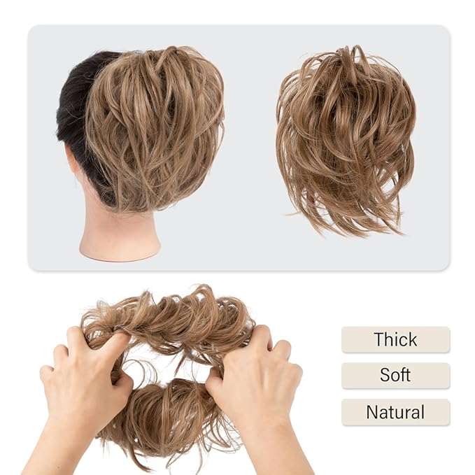 SARLA Messy Hair Bun Hair Pieces Curly Synthetic Updo Fake Scrunchies Ponytail Extension for Women Brunette/Ash Blonde Highlight 1PCS