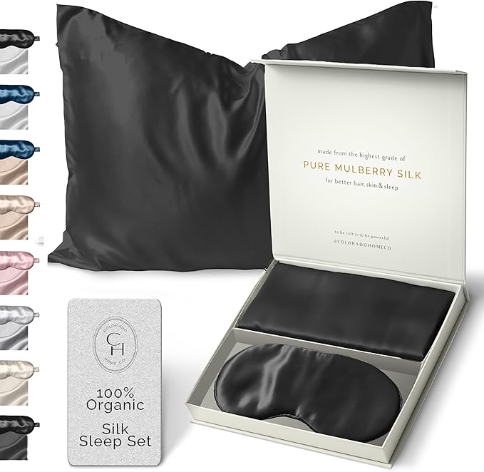 Colorado Home Co Silk Pillowcase for Hair and Skin - Black Queen Size 100% Silk Pillow Covers - 20x30 - Pillow Case for Acne with Eye Mask for Sleeping
