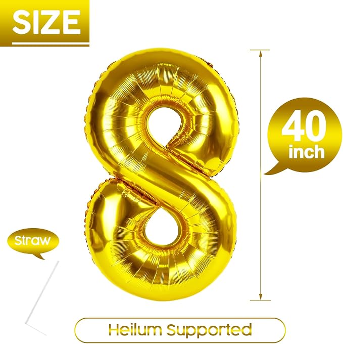 8 Balloon - Gold Birthday Number Balloons, 40 Inch Decorations Men Women | Gold - Image 5