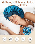 AWAYTR Silk Bonnet for Sleeping Women 100% Mulberry Silk Bonnet with Band 2 Layer Reversible Hair Bonnet Sleeping Hair Wrap (Peacock Blue/Gray)