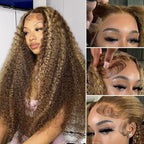 CYNOSURE 30 Inch 4/27 Highlight Deep Wave Lace Front Wigs Human Hair 13x5 Ombre Honey Blonde Jerry Curly Wig HD Transparent Lace Frontal Wigs Pre Plucked with Baby Hair 180% Density