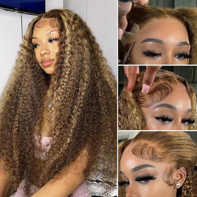 CYNOSURE 13x5 Highlight Ombre Deep Wave Curly Lace Front Wigs Human Hair 26Inch Honey Blonde Deep Curly Wig HD Transparent Lace Frontal Wigs Pre Plucked 180 Density Human Hair for Women