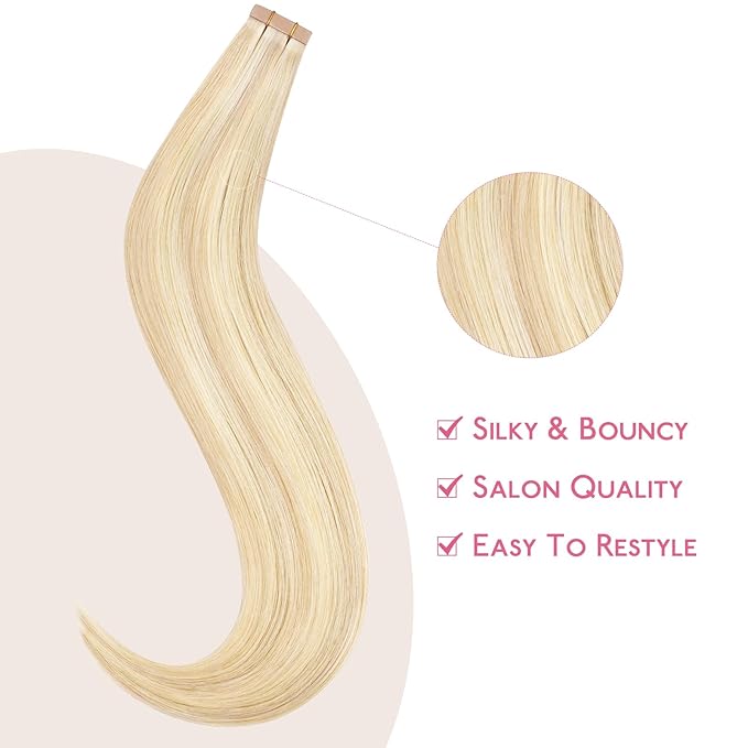 WENNALIFE Tape in Hair Extensions Human Hair Balayage Light Wheat Platinum Blonde Tape in Extensions, 10pcs 30g 22 inch Remy Invisible Tape Ins Straight Colored Soft Real Human Hair Tape in Extensions