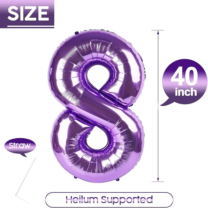 8 Balloon - Purple Birthday Number Balloons, 40 Inch Decorations Men Women | - Image 5