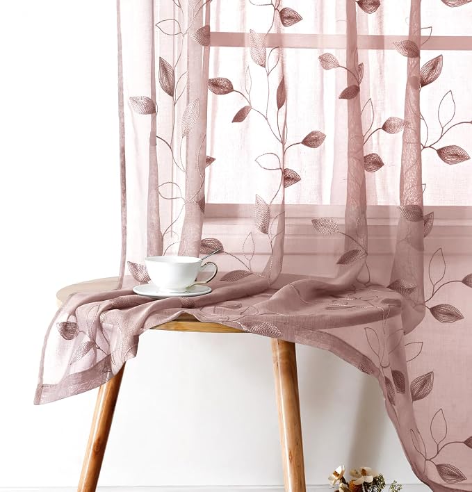 HOMEIDEAS Blush Pink Floral Sheer Curtains 63 Inches Long 2 Panels Embroidered - Image 2