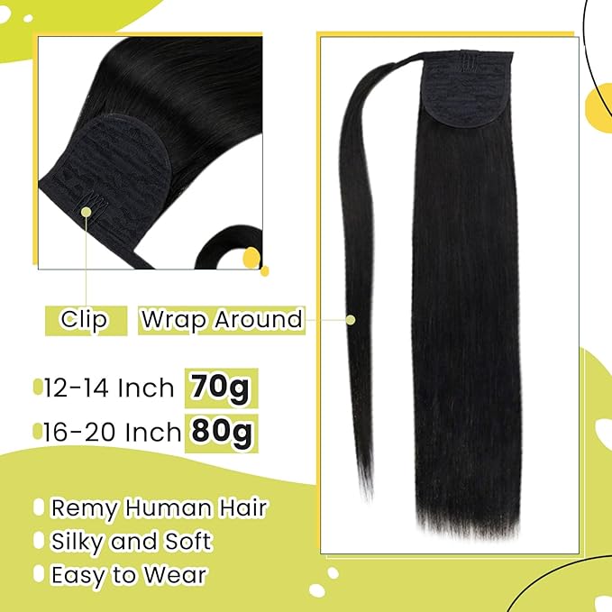 RUNATURE Human Hair Ponytail Extension, Off Black Ponytail Hair Extensions Real Human Hair, Soft Straight Hair for Women, Natural Ponytail Hairpiece, Add Length 12 Inch 70g #1B Off Black