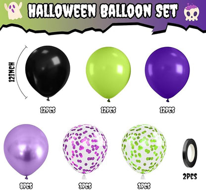 Purple Green Balloons, 12 Inch Halloween Balloons Set, Matte Black Fruit Green - Image 2