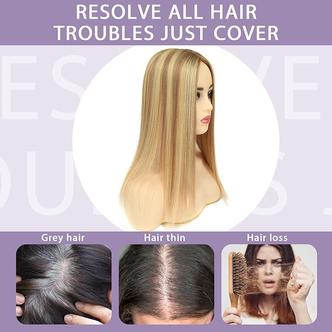 Real Human Hair Toppers for Women #TLQ, 3x5 Inch Injected Silk Base 130% Density 14 Inch Length Hair Toppers