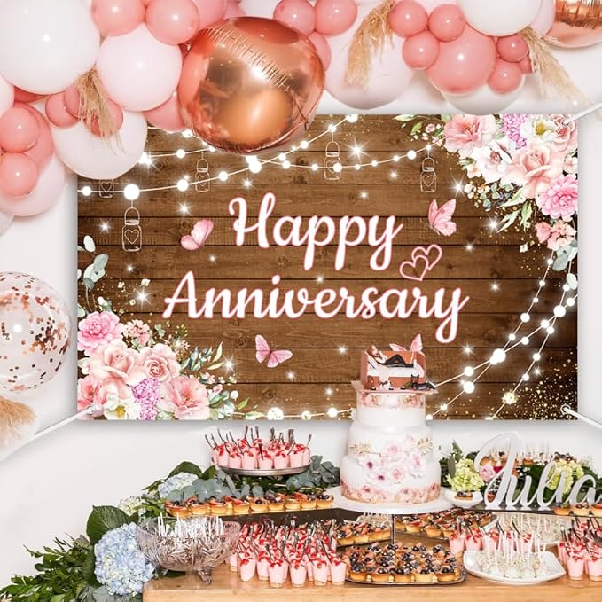 AIBIIN Pink Floral Happy Anniversary Banner Backdrop 6x3.6ft | Happy - Image 3