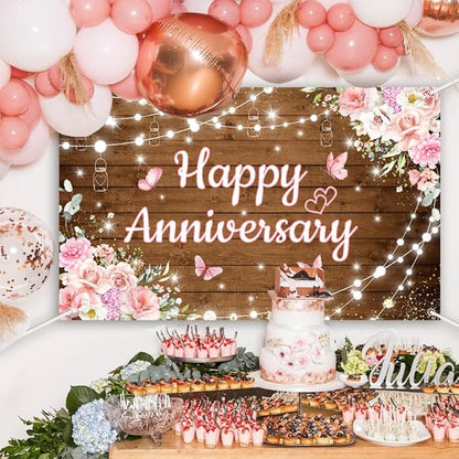 AIBIIN Pink Floral Happy Anniversary Banner Backdrop 6x3.6ft | Happy - Image 3