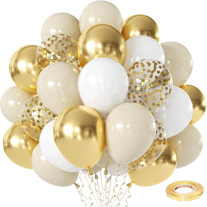 Sand White and Gold Confetti Balloons 50 Pcs 12 Inch | Birthday Wedding by Vanjehou
